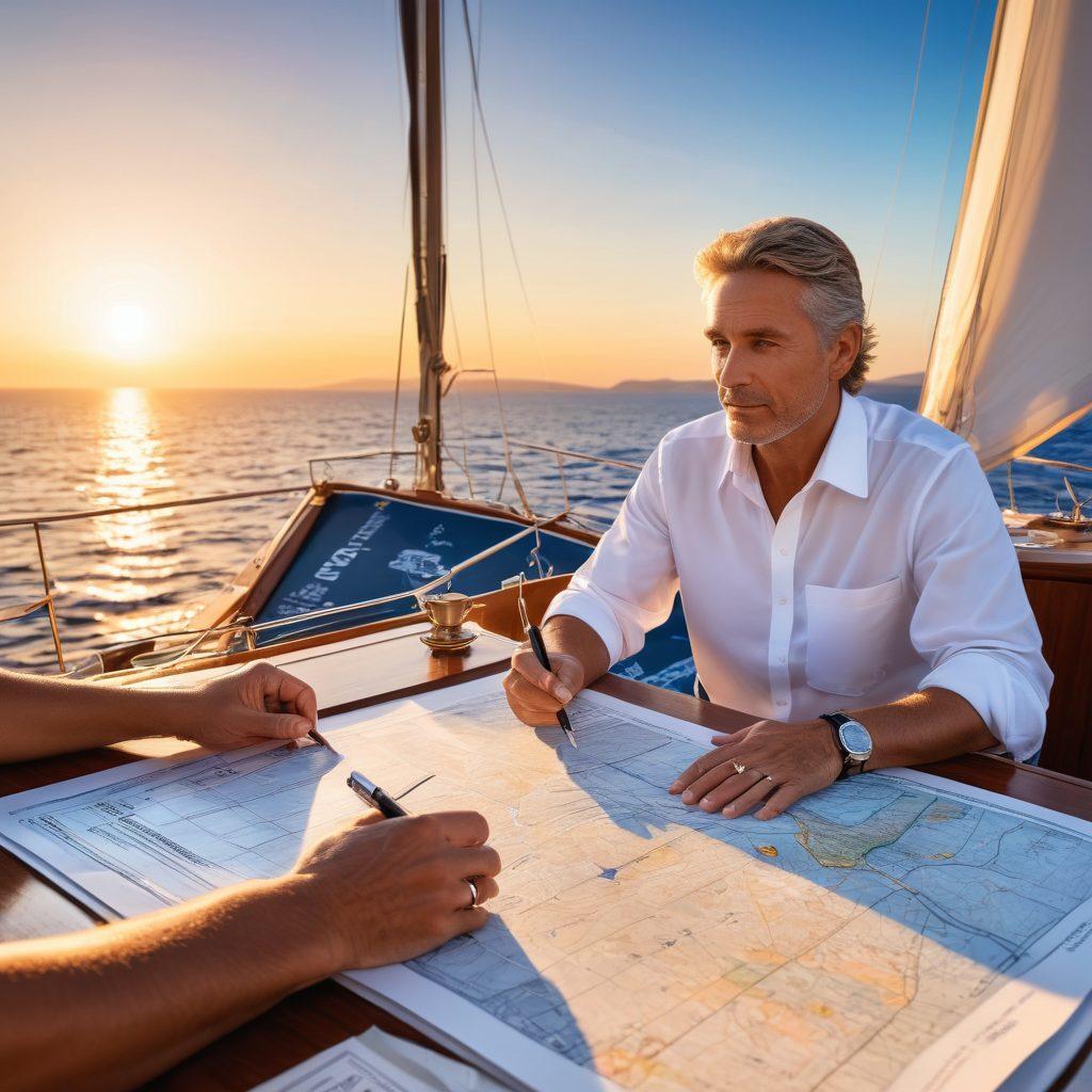 A luxurious yacht navigating through calm blue waters, surrounded by intricate maps and insurance documents. In the foreground, an experienced insurance advisor is explaining coverage options to a couple, showing a clear bond of trust and understanding. The backdrop features a bright sunset over the horizon, symbolizing security and the journey ahead. super-realistic. vibrant colors. clear focus on characters.