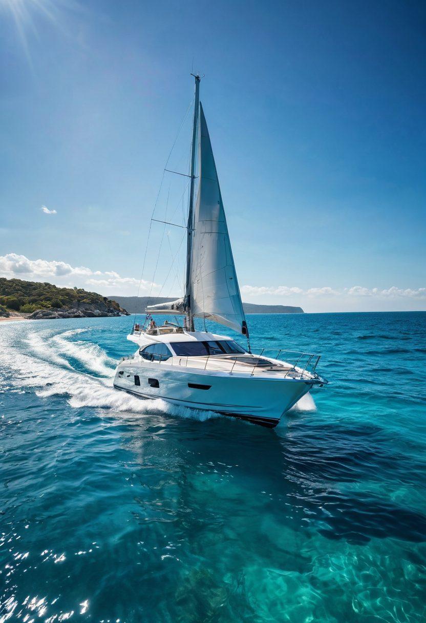 An elegant yacht gliding through crystal-clear blue waters, surrounded by gentle waves and a sunny sky. Include visual elements symbolizing protection, like a shield or lifebuoy subtly integrated into the scene. In the background, showcase a serene coastline dotted with modern marinas. Capture the essence of adventure and security in yacht ownership. super-realistic. vibrant colors. peaceful atmosphere.